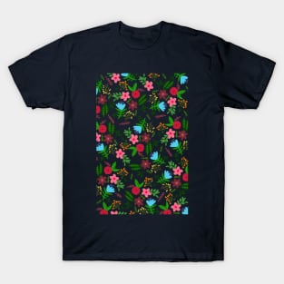 Red, pink, blue and maroon flower pattern with white background T-Shirt
